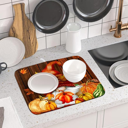 Fall Gnome Dish Drying Mat for Kitchen Counter,Autumn Pumpkin Maple Leaves Drying Mat 16 x 18 Inch Microfiber Dark Brown Wood Dish Drying Pad Dish Rack Drainer Mat Thanksgiving Day Decor