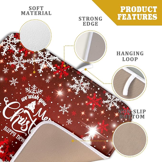 Happy New Year Red Dish Drying Mat for Kitchen Counter,Merry Christmas Tree Snowflake Drying Mat 16 x 18 Inch with High Absorbent Reversible Microfiber Dish Drying Pad Drainer Mat for Coffee Bar