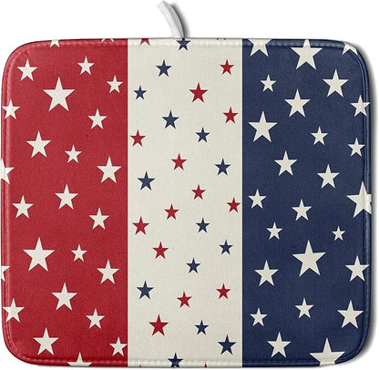 Blue Red White Star July of 4th Patriotic Dish Drying Mat for Kitchen Counter 16x18 Independence Day Absorbent Reversible Microfiber Drying Mats Kitchen Countertop Protector Dishes Drainer Rack Pad