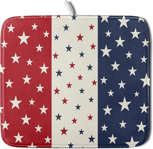 Blue Red White Star July of 4th Patriotic Dish Drying Mat for Kitchen Counter 16x18 Independence Day Absorbent Reversible Microfiber Drying Mats Kitchen Countertop Protector Dishes Drainer Rack Pad