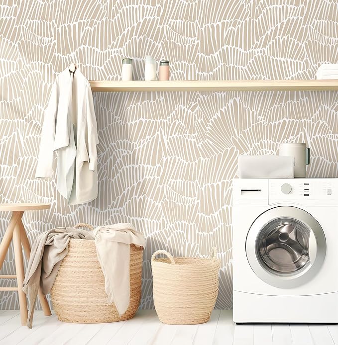 Guvana Beige Peel and Stick Wallpaper Boho Beige and White Contact Paper Modern Striped Self Adhesive Waterproof Wall Paper for Bathroom Bedroom Decor Removable Temporary Rv Wallpaper Roll 17.3"×118"