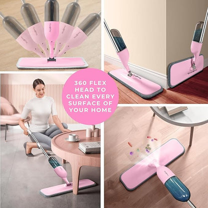 True & Tidy® Clean Everywhere Spray Mop Kit with 3 Interchangeable Heads & Refillable Tank - Flat, Round, Squeegee (Pink)