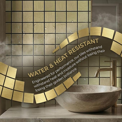 10pcs Waterproof Non-Slip Mosaic Wall Stickers, Heat-Resistant Self-Adhesive Tiles, Easy Cut & Peel for Kitchen Bathroom Bedroom Living Room (10, Golden)