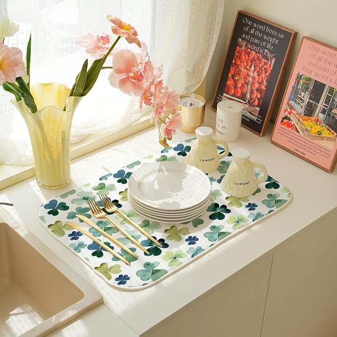 Spring Dish Drying Mat 18x24 Inches For Kitchen Counter Absorbent Green Lucky Clover Kitchen St. Patrick's Day Leaf Drying Mat Pad For Home Kitchen,Dining Room,Office Decoration