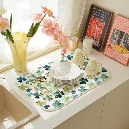 Spring Dish Drying Mat 18x24 Inches For Kitchen Counter Absorbent Green Lucky Clover Kitchen St. Patrick's Day Leaf Drying Mat Pad For Home Kitchen,Dining Room,Office Decoration