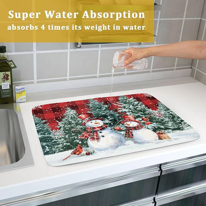 Christmas Snowman Dish Drying Mat for Kitchen Counter Xmas Trees Snowflake Buffalo Plaid Drying Mat 18x24 Inch Winter Holiday Absorbent Dish Drainer Mat Christmas Kitchen Accessories