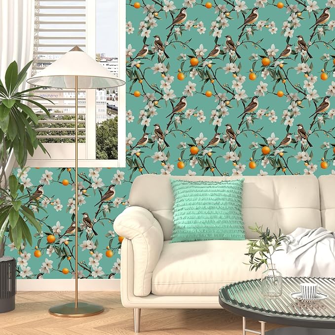 Teal White Bird Floral Wallpaper Peel and Stick, Fresh Orange Tree Contact Paper, Self Adhesive Removable Retro Flower Wall Mural Wall Paper for Room Walls Shelves Cabinet Table Decor 17.5" x 118"