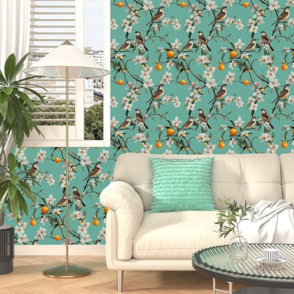 Teal White Bird Floral Wallpaper Peel and Stick, Fresh Orange Tree Contact Paper, Self Adhesive Removable Retro Flower Wall Mural Wall Paper for Room Walls Shelves Cabinet Table Decor 17.5" x 118"