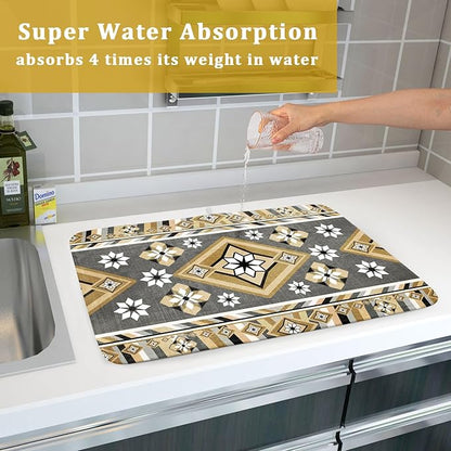 Boho Yellow Gray Aztec Dish Drying Mat for Kitchen Counter,Native American Tribal Aztec Ethnic Boho Style Drying Mat 18 x 24 Inch Microfiber Dish Drying Pad Dish Rack Pad Drainer Mat for Coffee Bar