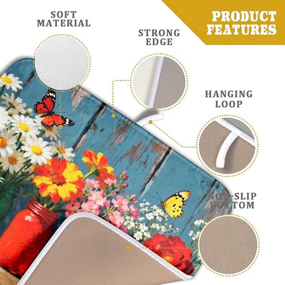 Spring Summer Floral Dish Drying Mat for Kitchen Counter 16x18 Woodgrain Colorful Flower Butterfly Seasonal Absorbent Reversible Microfiber Drying Mats Kitchen Countertop Protector Dishes Drainer Pad
