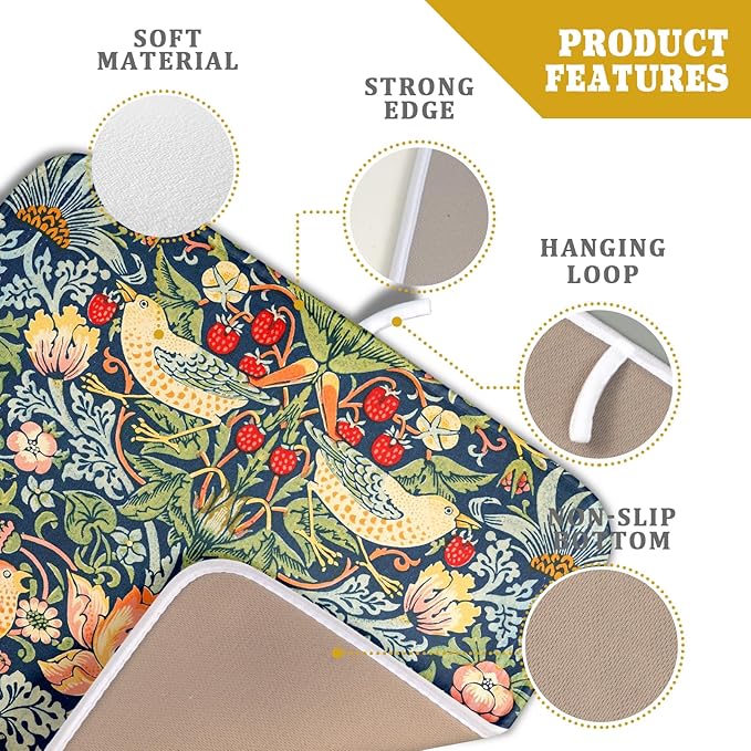 Navy Blue Sage Green Chinoiserie Dish Drying Pad 16 x 18 Inch With Absorbent Reversible Microfiber Vintage Strawberry Floral Bird Drying Mats Dish Drainer Mat Fast Dry For Kitchen