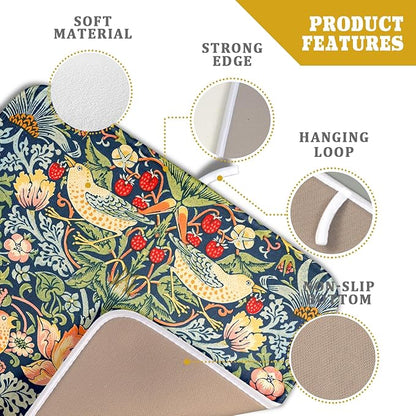 Navy Blue Sage Green Chinoiserie Dish Drying Pad 16 x 18 Inch With Absorbent Reversible Microfiber Vintage Strawberry Floral Bird Drying Mats Dish Drainer Mat Fast Dry For Kitchen