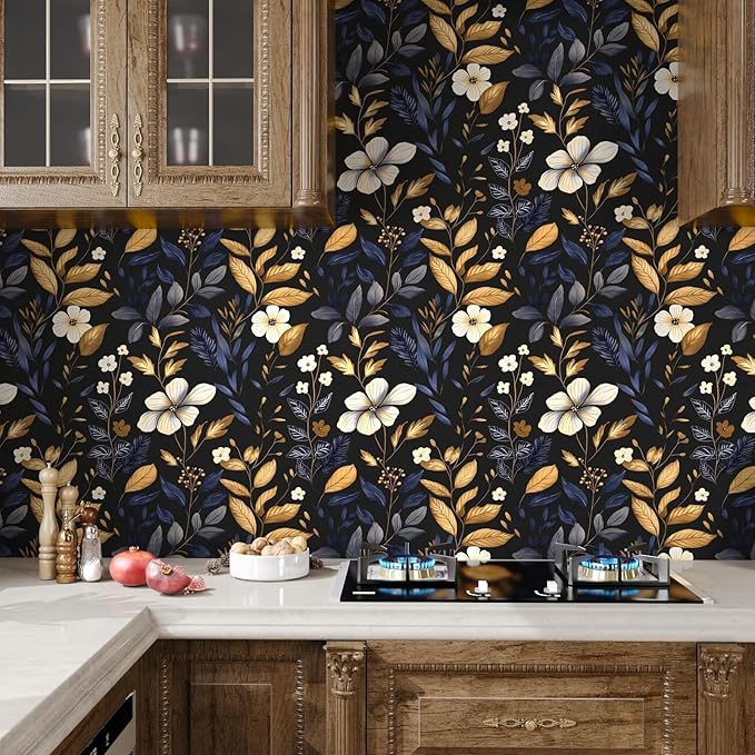 Laatse Blue/Gold Leaf Wallpaper Peel and Stick Vintage Dark Floral Wallpaper Waterproof Self Adhesive Removable Boho Wall Paper Modern for Bedroom Walls Drawer Cabinet 17.5in x393in