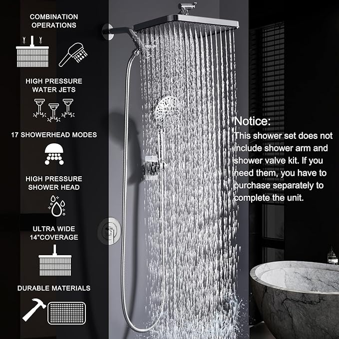 Handheld Shower Combo, 14 Inch Rainfall Shower Head and 8 Handheld Spray with Power Wash, Wide Square Shower Head for Full Body Coverage and Adjustable Extension Arm,Bath Upgrade CP,Chrome