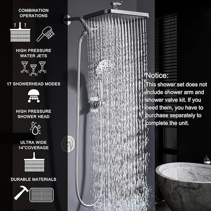 Handheld Shower Combo, 14 Inch Rainfall Shower Head and 8 Handheld Spray with Power Wash, Wide Square Shower Head for Full Body Coverage and Adjustable Extension Arm,Bath Upgrade CP,Chrome