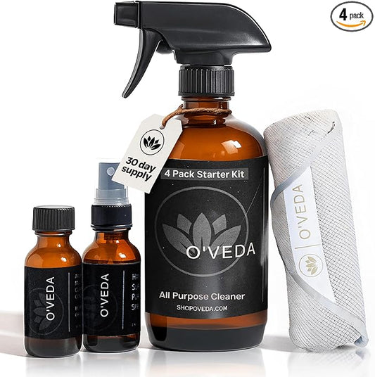 O'VEDA Starter Kit – Multi-Purpose Cleaning Bundle with 1 Concentrate & 1 Spritzer Refill Bottle (30ml each), 16oz Spray Bottle & Cleaning Cloth – All-Purpose Cleaner for Kitchen, Floors & More