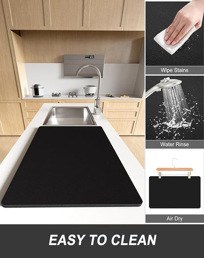 Rnivvi Dish Drying Mat for Kitchen Counter, XL 15 x 24" Super Absorbent Drainer Pad Easy Clean Dish Rack Pad, Non-Slip Heat Resistant Coffee Bar Mat for Coffee Machine Station Accessories Decor, Black