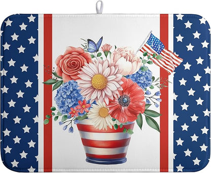 Patriotic Floral Summer Dish Drying Mats 4th of July Butterfly Flowers Dish Mat Kitchen Large Drying Matt Dishes Dryer Pad for Kitchen Counter Absorbent Microfiber Washable Foldable Reusable 18x24 in