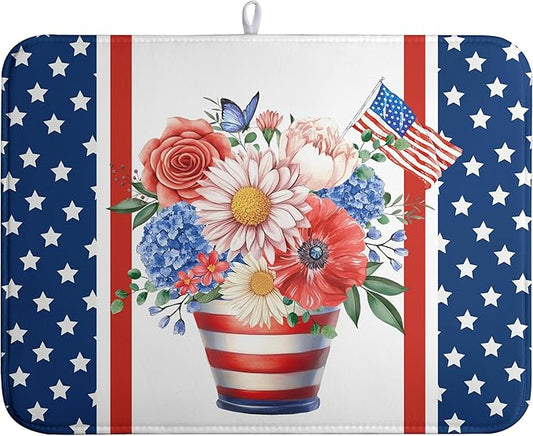 Patriotic Floral Summer Dish Drying Mats 4th of July Butterfly Flowers Dish Mat Kitchen Large Drying Matt Dishes Dryer Pad for Kitchen Counter Absorbent Microfiber Washable Foldable Reusable 18x24 in