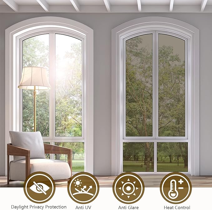 KESPEN Window Privacy Film One Way Daytime Privacy Static Cling Sun Blocking Anti UV Reflective Window Tint for Home and Office, Brown-Silver, 23.6 Inch X 6.5 Feet