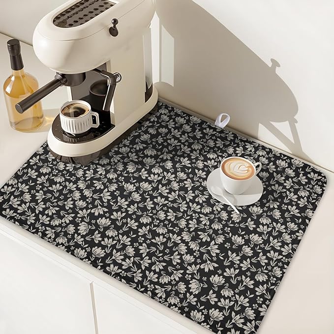Floral Dish Drying Mat for Kitchen Counter 24x18 Inch Black Flower Drying Mat with Absorbent Reversible Microfiber Holiday Season Spring Dish Drainer Mats Rack Pad for Coffee Countertop Protector