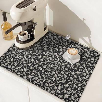 Floral Dish Drying Mat for Kitchen Counter 24x18 Inch Black Flower Drying Mat with Absorbent Reversible Microfiber Holiday Season Spring Dish Drainer Mats Rack Pad for Coffee Countertop Protector