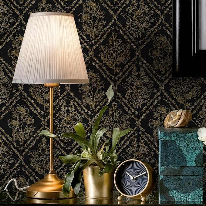 Toduso Peel and Stick Wallpaper Vintage Wall Paper Boho Contact Paper Black and Gold Floral Removable Wallpaper for Bathroom Bedroom Flower Waterproof Self Adhesive Vinyl Drawer Decor 17.3"x393.7"