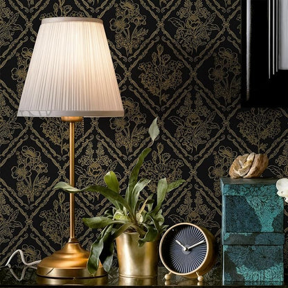 Toduso Peel and Stick Wallpaper Vintage Wall Paper Boho Contact Paper Black and Gold Floral Removable Wallpaper for Bathroom Bedroom Flower Waterproof Self Adhesive Vinyl Drawer Decor 17.3"x393.7"