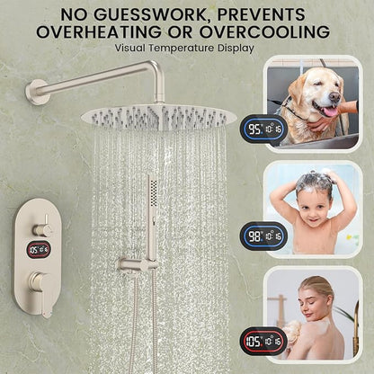 Round Shower Faucet Set with Hydro Power Temperature Display, Shower System Bathroom 10 In Shower Head with Handheld Spray, Wall Mounted Shower Fixtures with Shower Valve and Trim Kit-Brushed Nickel