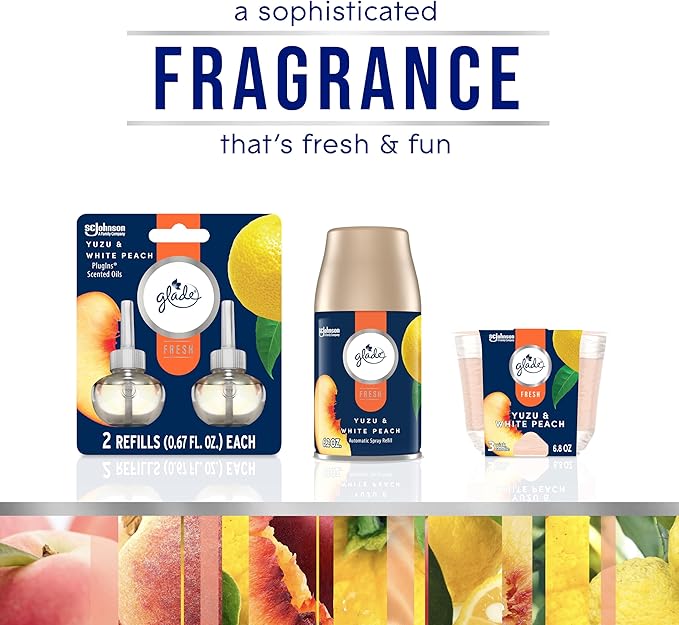 Glade PlugIns Refills Air Freshener, Scented and Essential Oils for Home and Bathroom, Yuzu & White Peach, Fresh Collection 1.34 Fl Oz, 2 Count