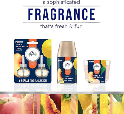 Glade PlugIns Refills Air Freshener, Scented and Essential Oils for Home and Bathroom, Yuzu & White Peach, Fresh Collection 1.34 Fl Oz, 2 Count