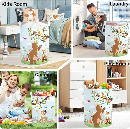 Forest Animals Laundry Hamper Woodland Tree Large Storage Basket Parents Organizer Kids Clothes Toy Bins for Bedroom, Bathroom, Hedgehog, 63L