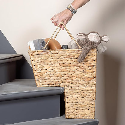 Household Essentials Wicker Stair Basket with Handles, Handwoven Water Hyacinth, Sits on Two Stairs, Lightweight, Natural