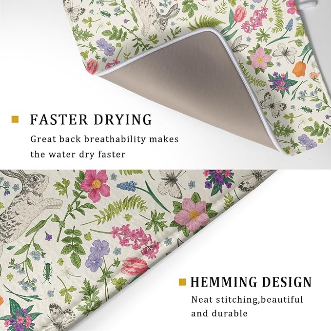 Spring Easter Dish Drying Mat for Kitchen Counter 18x24 Rabbit Bunny Green Pink Floral Vintage Print Absorbent Reversible Microfiber Drying Mats Kitchen Countertop Protector Dishes Drainer Rack Pad