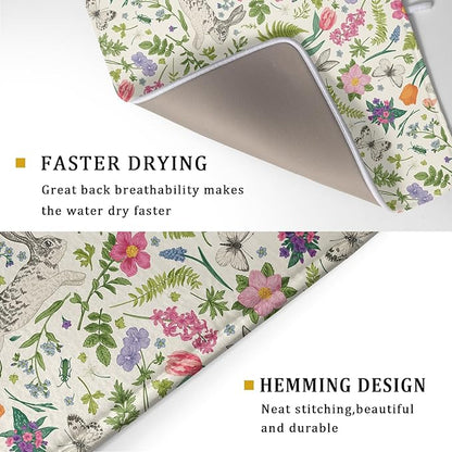Spring Easter Dish Drying Mat for Kitchen Counter 18x24 Rabbit Bunny Green Pink Floral Vintage Print Absorbent Reversible Microfiber Drying Mats Kitchen Countertop Protector Dishes Drainer Rack Pad