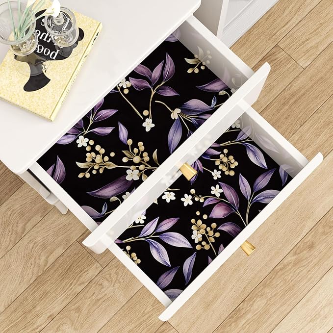 Extra Long Vintage Purple Leaves Wallpaper, 17.5In x 393In Black Botanical Design Self-Adhesive Removable Wall Paper for Bedroom Bathroom Cubicle Vinyl Dark Moody Contact Paper Wall Decor