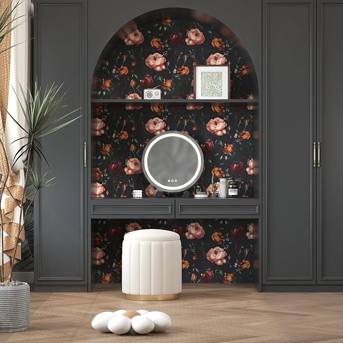 Dark Floral Wallpaper Peel and Stick, Black Vintage Orange/Pink Rose Contact Paper, Waterproof Self Adhesive Flower Boho Wall Paper for Bedroom Bathroom Walls Bookcase Shelf Table Drawer 17.5 x 118in