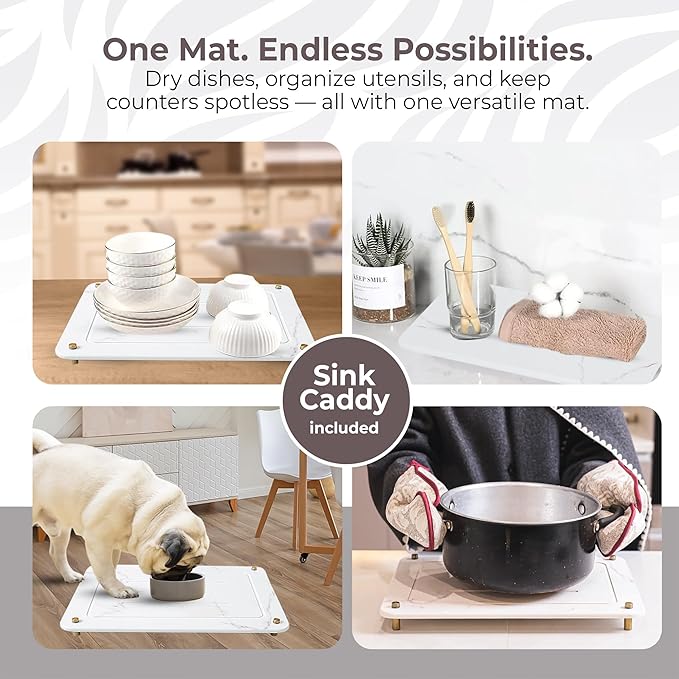 Stone Drying Mat for Kitchen Counter + Sink Caddy | 15.7"x11.8" Diatomaceous Earth Drying Mat with Stainless Steel Feet | Heat Resistant to 450°F | Eco-Friendly & Multipurpose Drying Mat