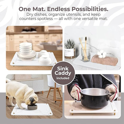 Stone Drying Mat for Kitchen Counter + Sink Caddy | 15.7"x11.8" Diatomaceous Earth Drying Mat with Stainless Steel Feet | Heat Resistant to 450°F | Eco-Friendly & Multipurpose Drying Mat