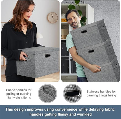 Large 17" 36 Quart Collapsible Stackable Storage Bins with Lids, 3 Packs Black and White Mix Linen Fabric Closet Boxes with Lids, Storage Cube Baskets Container Organizers (17x12x11)