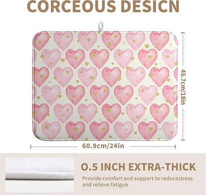 Valentines Dish Drying Mat Valentine Dishes Drying Pad Pink Golden Heart Love Absorbent Dish Dryer Matt for Kitchen Countertops Microfiber 18x24 Inches