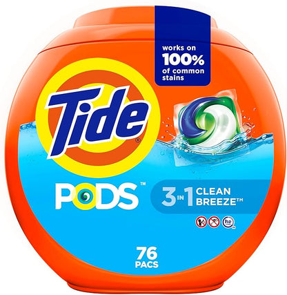 Tide PODS laundry detergent pacs, 3-in-1 Stain Remover, Odor Fighter, Color Protector, 76 Count, HE compatible, Clean Breeze Scent