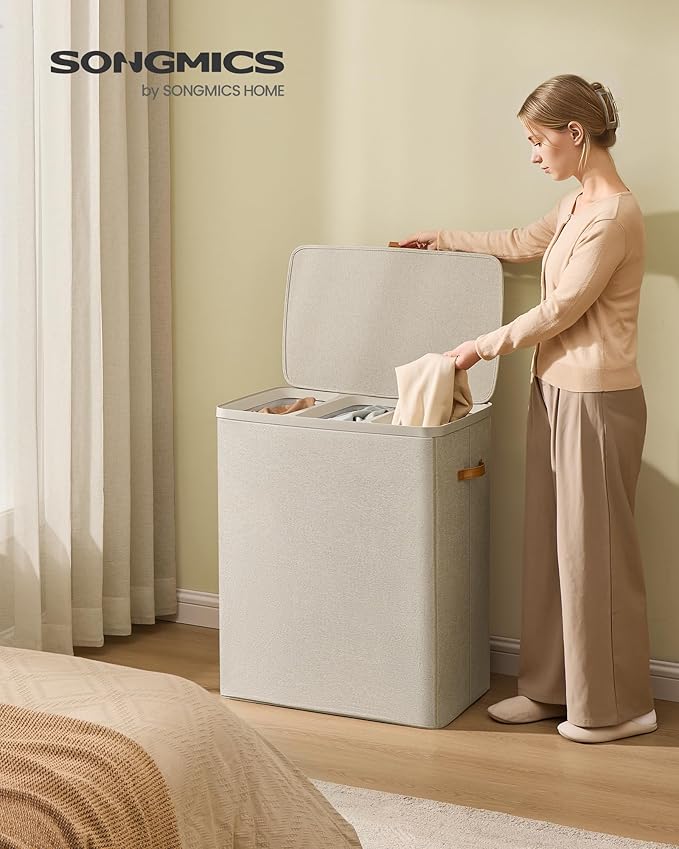 SONGMICS Laundry Basket, 50.2 Gal. Laundry Hamper, 3 Compartments, Easy Assembly, with Lid and Handles, Removable Liners, 25.2 x 15.7 x 29.5 Inches, Cappuccino Beige ULCB814LH01