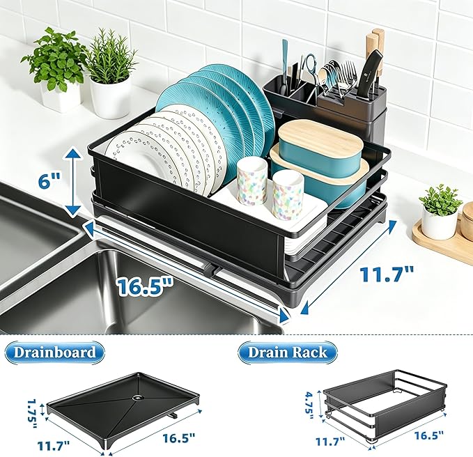 Simple Trending Dish Drying Rack, Dish Drainer for Kitchen Counter, Dish Rack with Tray for Large Capacity, Black
