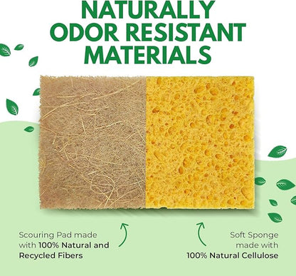AIRNEX Natural Kitchen Sponges Pack of 18 - Biodegradable Cellulose and Coconut Husk Walnut Scrubbers - Odor Free Non Scratch - Eco Friendly Quick Drying Dishwashing Sponges
