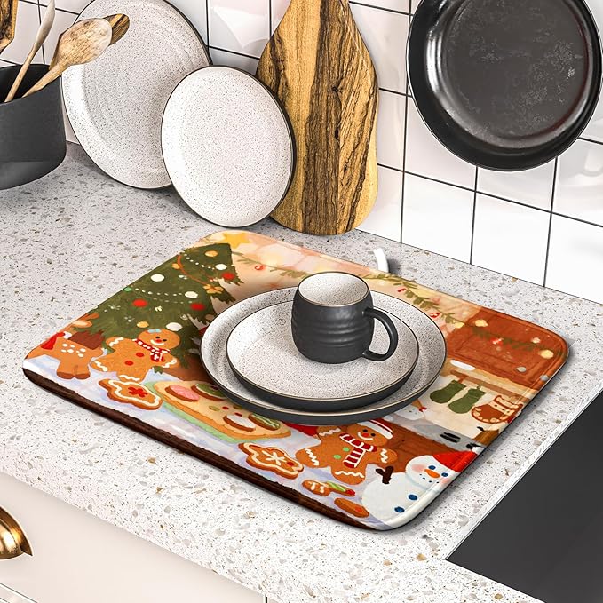 Christmas Dish Drying Mat for Kitchen Counter 16x18 Santa Claus Gingerbread Winter Xmas Holiday Themed Absorbent Reversible Microfiber Drying Mats Kitchen Countertop Protector Dishes Drainer Rack Pad