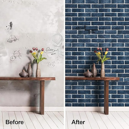HeloHo 196.8"X17.7" Navy Blue Brick Wallpaper Peel and Stick Self-Adhesive Removable Brick 3D Textured Wall Paper for Kitchen Backsplash Living Room Bedroom Decor
