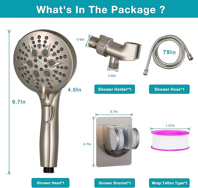 Handheld Shower Head with on off Switch&Built-in Power Spray,7-Setting High Pressure Shower Wand with 79in Long Hose&Bracket and Extra Adhesive Shower Holder for Lower Mount,Brushed Nickel