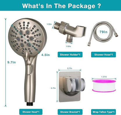 Handheld Shower Head with on off Switch&Built-in Power Spray,7-Setting High Pressure Shower Wand with 79in Long Hose&Bracket and Extra Adhesive Shower Holder for Lower Mount,Brushed Nickel