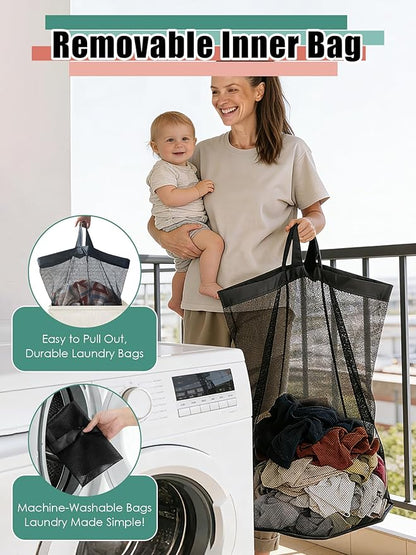 Laundry Hamper with Lid, Reinforced Sturdy Clothes Hamper with Anti-Puncture Base, Large Collapsible Laundry Basket with Removable Liner Bag, Tall Dirty Clothes Bin for Family, 100L Cream